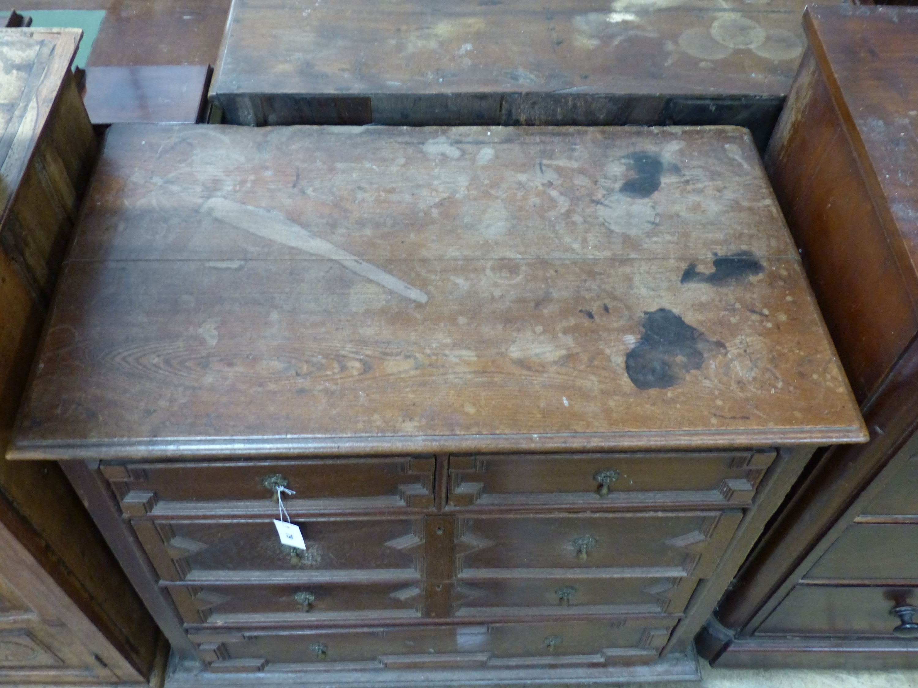 An early 18th century oak chest of five drawers, width 99cm